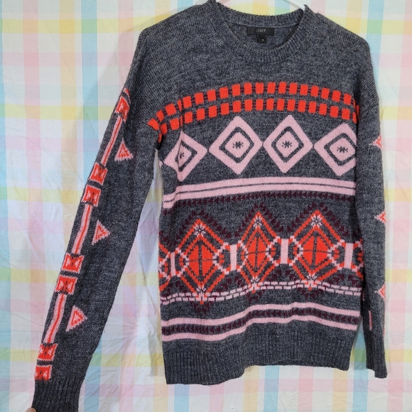 J. CREW wool mohair sweater abstract geometric Aztec Grey red and pink - Picture 2 of 8